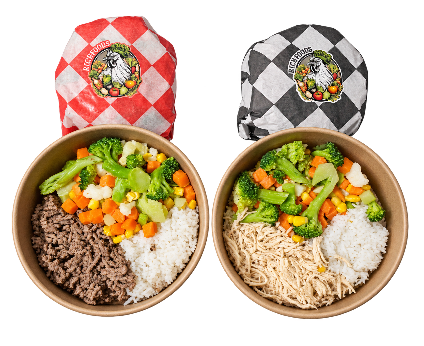 Comidas RichFoods de pollo y res con verduras y arroz, con su empaque real