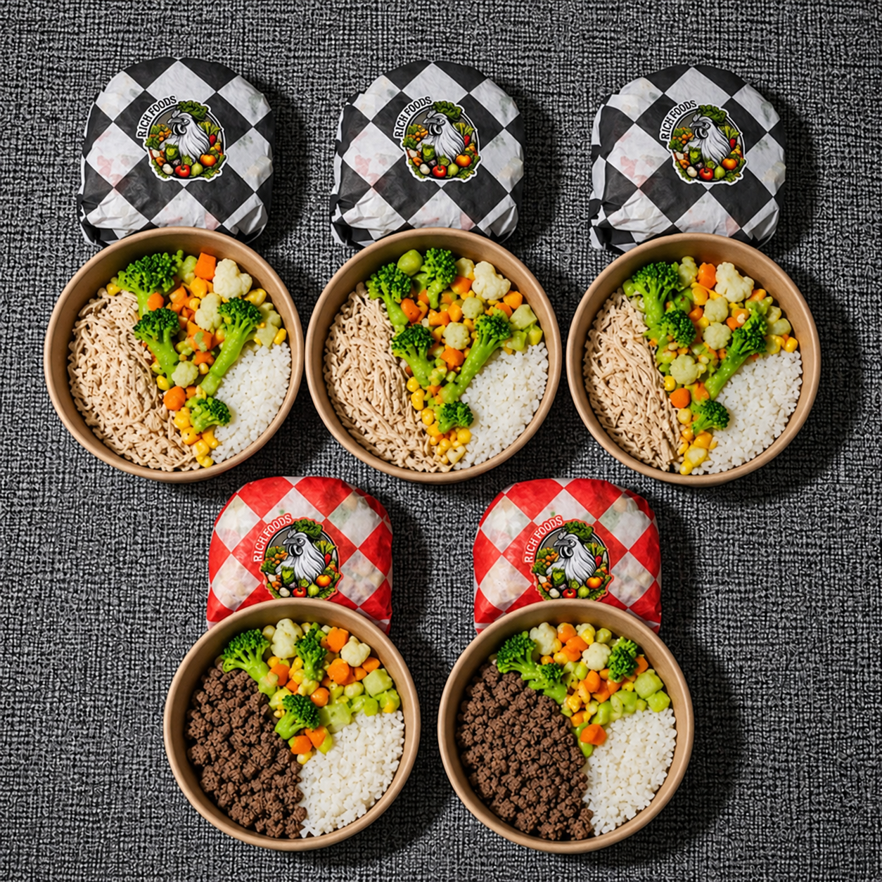 Ejemplo de combinación de cinco comidas RichFoods con arroz, pollo y res